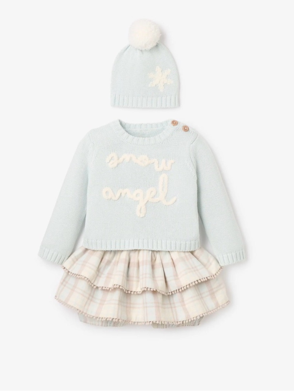 Elegant Baby 3-6 months Snow Angel Knit Sweater Dress & Pom Beanie - Light Blue